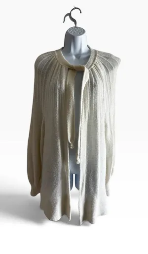 Azure Cardigan Sweater L Cream Vintage Tie Neck Ribbed Knit Open Front USA Made thumbnail 1