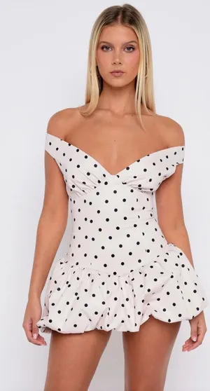White Fox The Moment I Met You Mini Dress Cream Black Polka Dot XS thumbnail 2