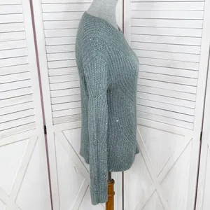 Nine West Scalloped Sleeve‎ Sequin Shimmer Sweater Sage Green Silver XS thumbnail 3