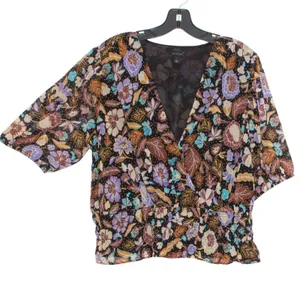 Ann Taylor Top Batik Floral Boho Cottage Romantic Retro Feminine Smocked Large thumbnail 1