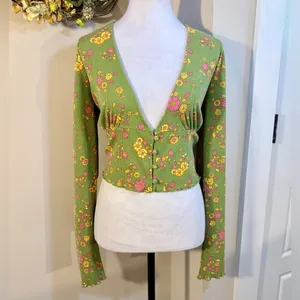 Urban Outfitters Ruby Floral Lettuce Edge Button Plunging Crop Top Green XL💚 thumbnail 12