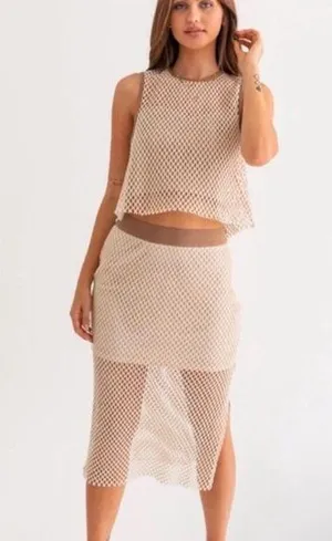 HUNTER & BROWN Leann Crochet Mesh Skirt & Crop Top Set Chic Beige SIZE XS NWT thumbnail 1