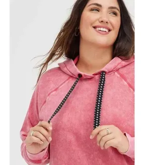 Torrid Plus Classic Fit Cozy Fleece Distressed Pink Drawstring Raglan Hoodie thumbnail 2