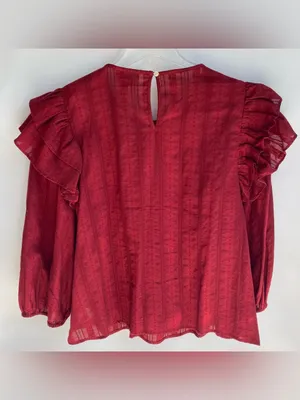 Deep red billowy sleeves ruffle shoulder blouse fall prairie boho peasant top L thumbnail 7