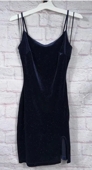 Windsor Velvet Glitter Bodycon Mini Dress Women’s XS Navy Blue Side Slit Party thumbnail 1