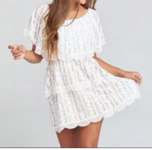 Show Me Your Mumu Ivory Lace Champagne Ruffle BOHO Dress Wedding Cap Sleeve SZ S thumbnail 1