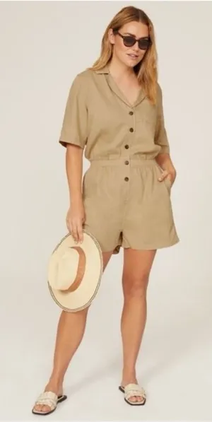 Faherty Arlie Day‎ Tan Linen Blend Button Front Short Sleeve Romper Size Small thumbnail 1