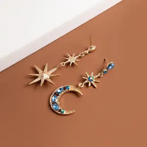 Asymmetrical Blue Crystal Star Moon Dangle Drop Earrings for Women thumbnail 2
