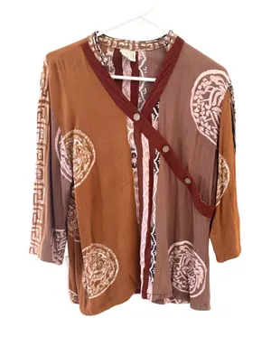 Globe Trotter Bali Women Brown Batik Asymmetrical Button Crinkle‎ Top Large thumbnail 1