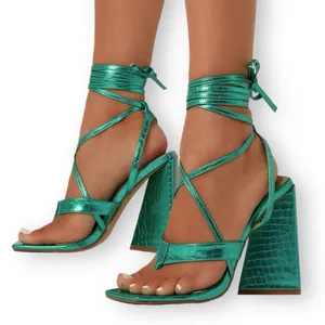 EGO Salma Teal Green Metallic Croc Pyramid Heel Tie Sandals Size 5 thumbnail 9