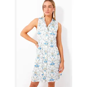 Tuckernuck Blue White Floral Shirt Dress Sleeveless Preppy‎ Resort M thumbnail 4