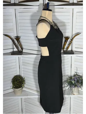Black cocktail midi dress open back deep V pencil wedding guest sexy homecoming thumbnail 4
