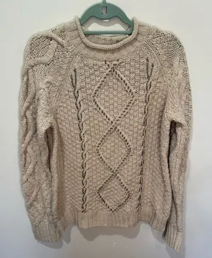 J. Crew NWT Chunky Cable Knit‎ Beaded Sweater Tan XL Merino Wool Blend thumbnail 1