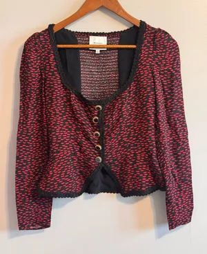Reformation Red Black Printed Lace Trim Button Front Blouse Top Size 4 thumbnail 1