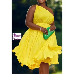 Yellow One Shoulder Pleated Mini Dress -Large /10-12 thumbnail 2