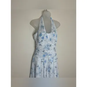 Taboo Y2K 90s White halter v neck Floral Halter Dress Light Blue size large thumbnail 2