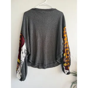 Free People We The Free Grey Waffle Knit Patchwork Paisley Sleeve Thermal Top XS thumbnail 4