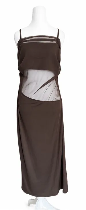 NWT Cider Brown Mesh Overlay Maxi Dress L Large Cutout Coffee Cocktail‎ Y2K thumbnail 1