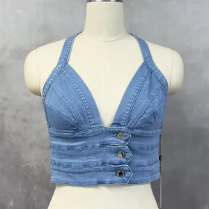 Denim Blvd‎ Halter Top Women Large Blue Stretch Crop Y2K Indie Boho Baddie Retro thumbnail 13