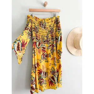 FARM Rio x Anthropologie | Bria Off Shoulder Smocked Dress Tropical Yellow | M thumbnail 9