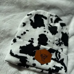 Boutique Cow Print Beanie Western Boho Knit Hat Black White thumbnail 4