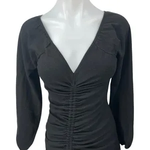 Princess Polly Black Ruched Long Sleeve Deep V Neck Mini Bodycon Dress Size XS/S thumbnail 3