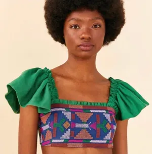 Nwt Farm Rio Embroidered Green Linen Boho Smocked Flutter Sleeve Crop Top Xl thumbnail 1