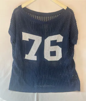 Women’s Navy Knit Jersey Top with White '76' Graphic thumbnail 1