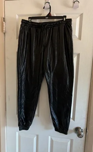 Black Faux Leather Elastic Waist Drawstring Jogger Pants EPI1238-J thumbnail 1