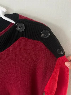 Vince Camuto Two-Tone Red Off-the-Shoulder Button Sweater thumbnail 4