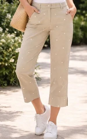 Lizgolf Cathren Cropped Pants‎ Women's 4 Khaki Floral Embroidered Cotton thumbnail 1