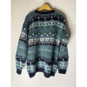 Christopher & Banks Mohair Blend Fair Isle Sweater Blue Hand Embroidered Medium thumbnail 2