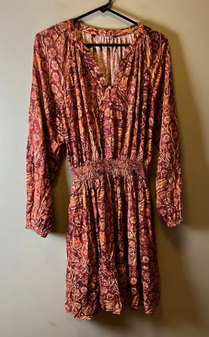 Peruvian Connection Adria Dress Burgundy‎ Gold Floral V Neck Raglan Sleeve Small thumbnail 1