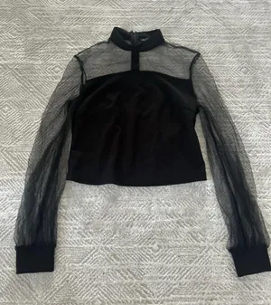 Shein Women’s Sheer Sleeve Black Blouse Long Sleeved W/Collar Size Medium thumbnail 1