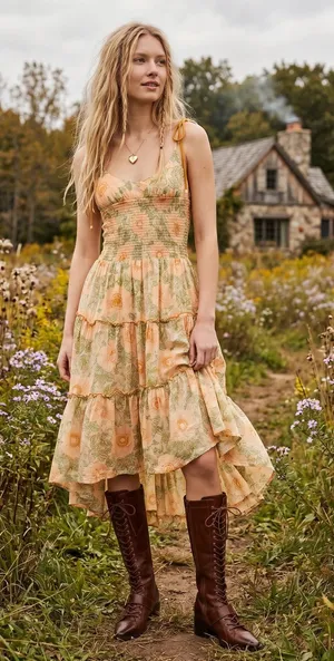 Free People Bohemian Dainty Cottage Adriel Tiered Midi Dress Ivory Floral Small thumbnail 1