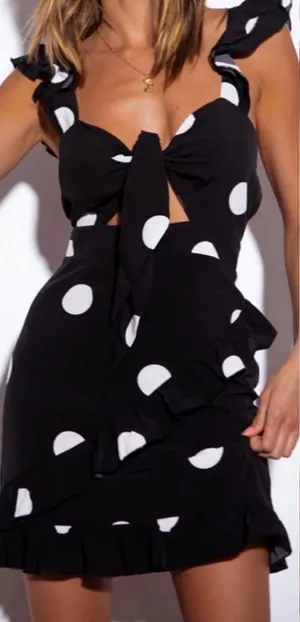 SNDYS. Morocco Mini Dress Black White Polka Dot Front Tie Cutout thumbnail 1