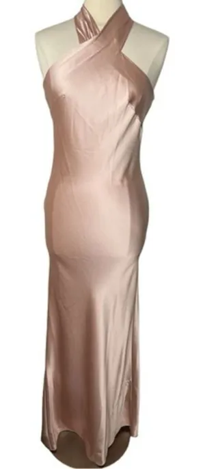 LOVELY Imogen Draped Twist Halter Tie-Back Trumpet Gown in Toasted‎ Sugar, XS thumbnail 1