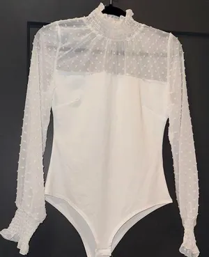 White Long Sleeve Bodysuit with Mesh Top thumbnail 1