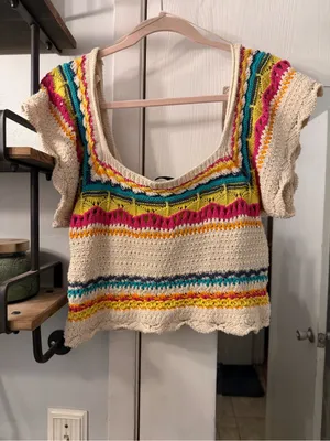 Zara Cream Crochet Crop Top with Yellow, Pink, Teal & Orange Stripes thumbnail 4