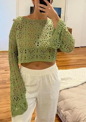 peppermayo green crochet top long sleeve thumbnail 1