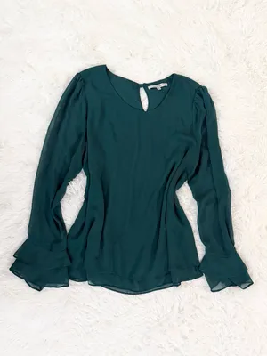 Naked Zebra Green Chiffon Blouse Size L Flared Cuffs Keyhole Back Sheer⁠ thumbnail 2