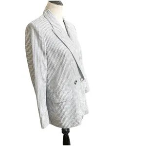 Zara Women’s Striped Linen Blend Boyfriend Blazer Size Medium Two Button Blue thumbnail 2