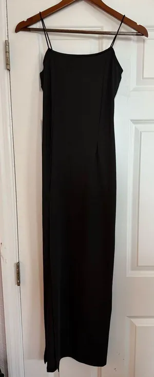 Spaghetti Strap Long Fitted Black Dress with High Slit thumbnail 1