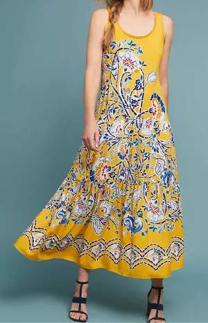 Anthropologie Maeve Puebla Printed Tiered Maxi Dress Yellow Blue Medium thumbnail 1