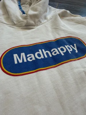 Madhappy Medium Cream Heavy Hoodie with Blue stitching and screen printed logo thumbnail 5
