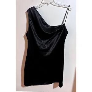 TOPSHOP Black One Shoulder Satin Slip Mini‎ Dress Size US 10 NWT thumbnail 3
