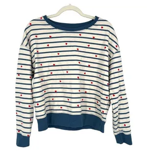 Pact Scattered Hearts Striped Sweatshirt Organic Cotton Blue Cream Size Medium thumbnail 1