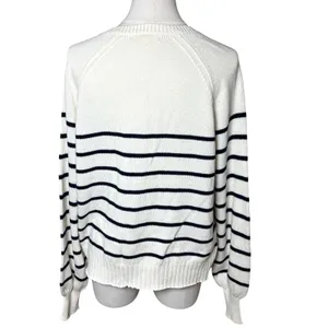 Peyton Primrose Lightweight Nautical Striped Cotton Henley Sweater Ivory Navy M thumbnail 3