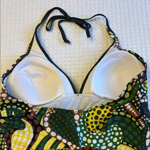 MERONA Tankini Halter Swimsuit Top Size LARGE Colorful Print Green Yellow thumbnail 8