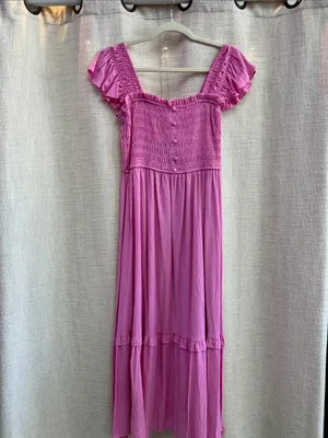 Mock Button Down Smocked Ruffle Detail Midi Dress Pink thumbnail 7